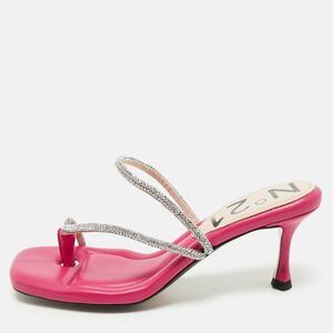 N&ordm;21 Fuchsia Leather Crystal Embellished Thong Sandals Size 38